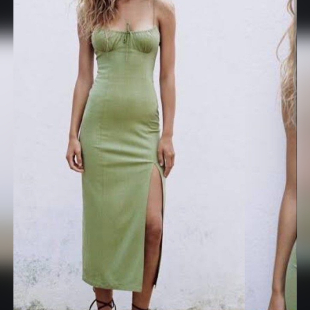 Zara Green Midi Cotton Fitted Dress With Slit